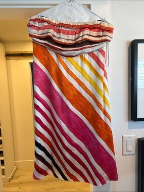 Vibrant Striped Strapless Sundress - Pink, Orange, Yellow, White